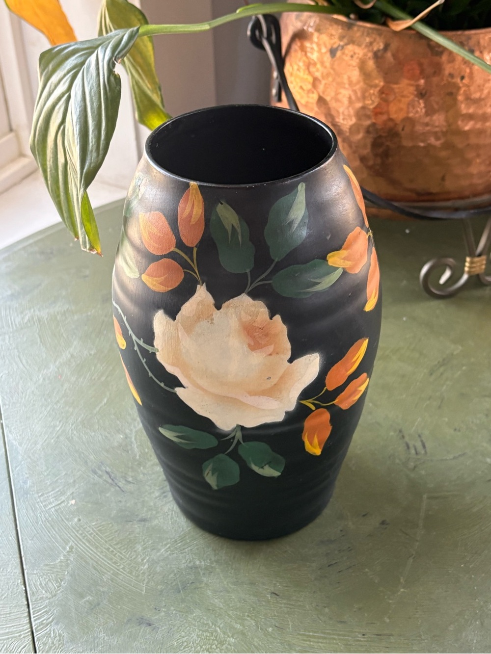 Hand-Painted Floral Black Ceramic Vase with Cream Rose